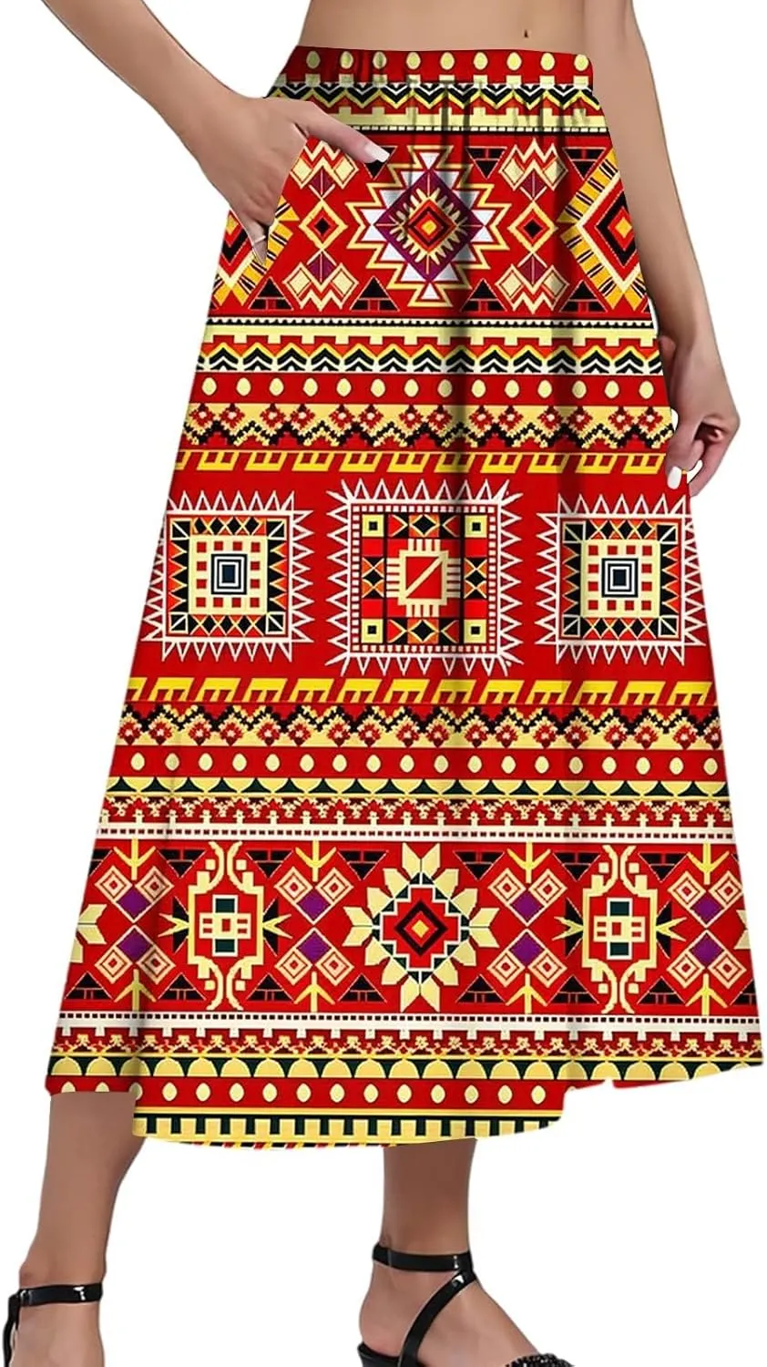 Women's Midi Boho Floral Skirts Trendy Comfy Flowy A Line Skirt High Elastic Waist Skorts with Pockets