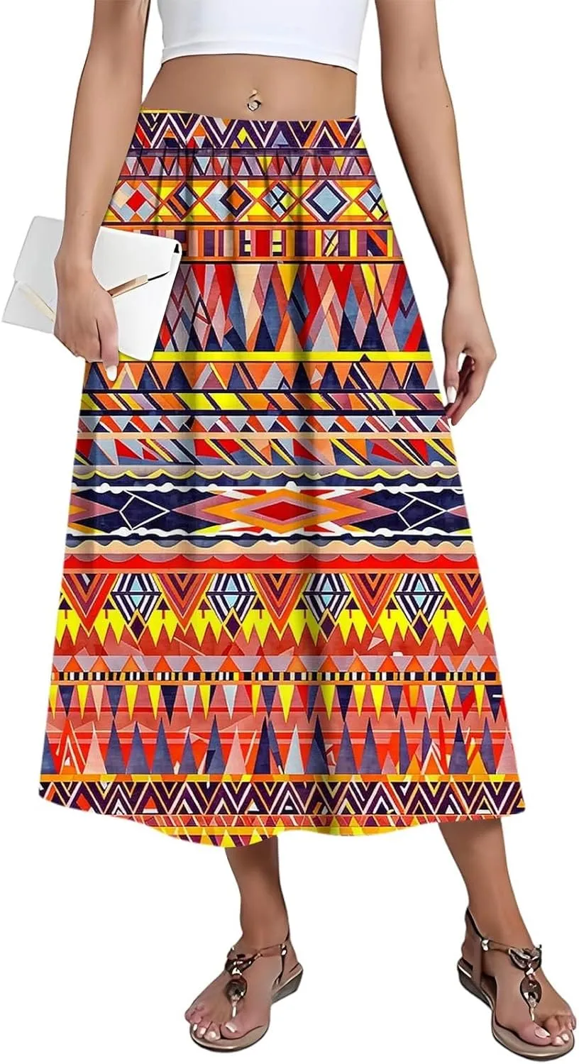 Women's Midi Boho Floral Skirts Trendy Comfy Flowy A Line Skirt High Elastic Waist Skorts with Pockets