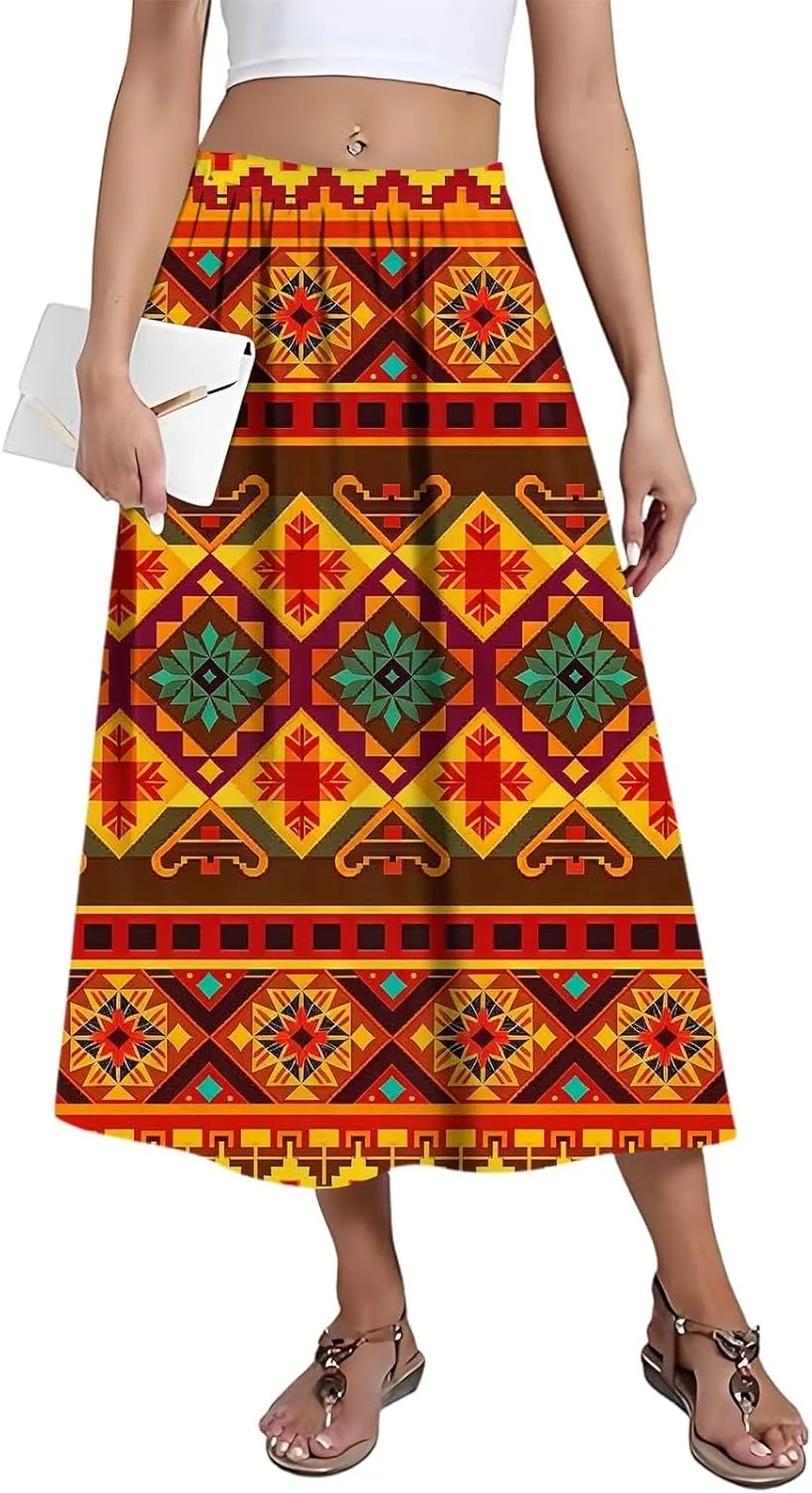 Women's Midi Boho Floral Skirts Trendy Comfy Flowy A Line Skirt High Elastic Waist Skorts with Pockets