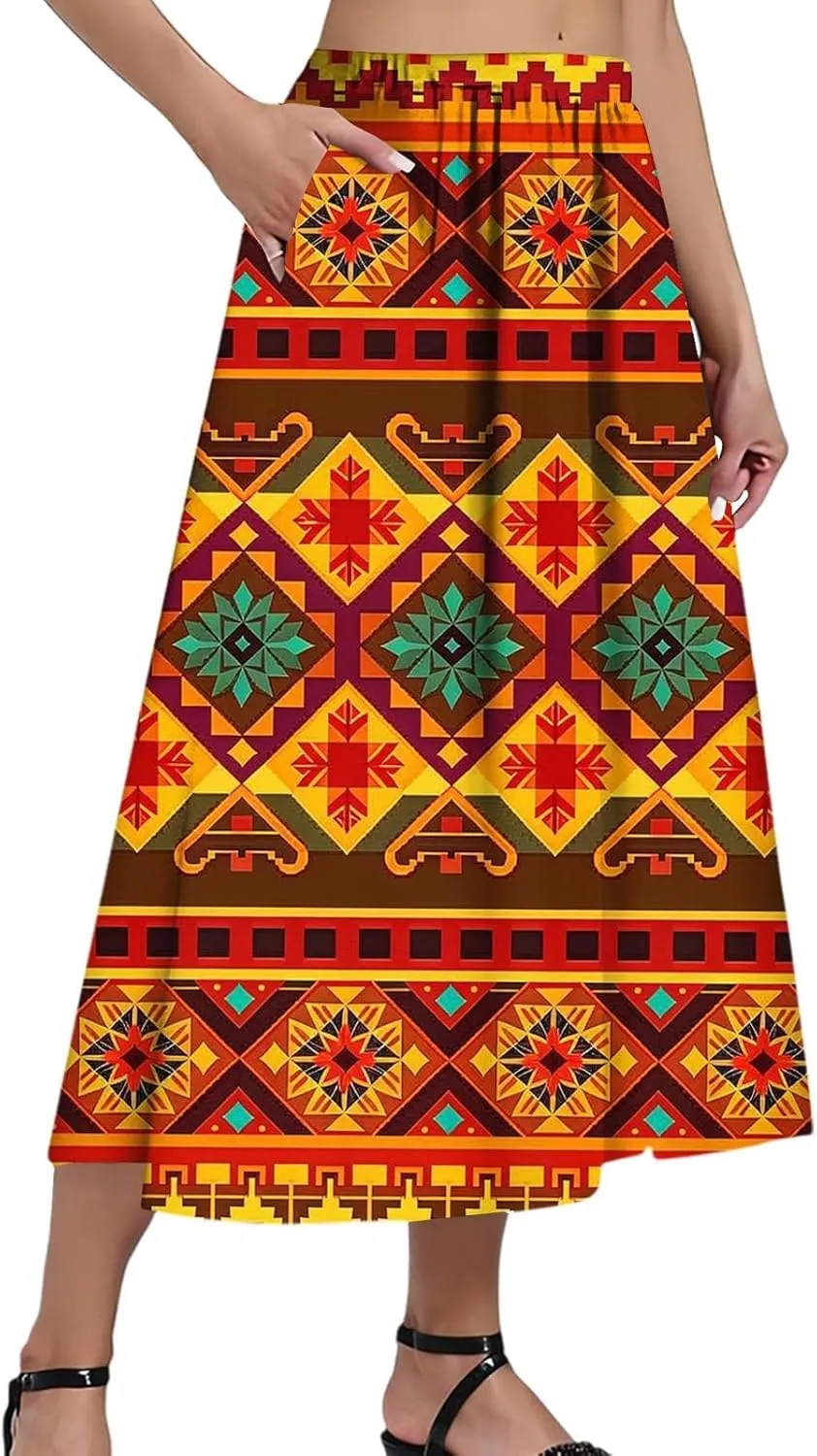 Women's Midi Boho Floral Skirts Trendy Comfy Flowy A Line Skirt High Elastic Waist Skorts with Pockets