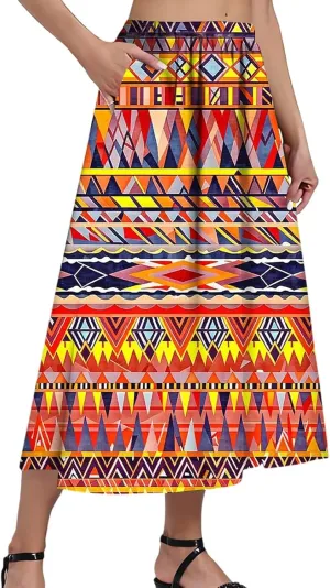 Women's Midi Boho Floral Skirts Trendy Comfy Flowy A Line Skirt High Elastic Waist Skorts with Pockets
