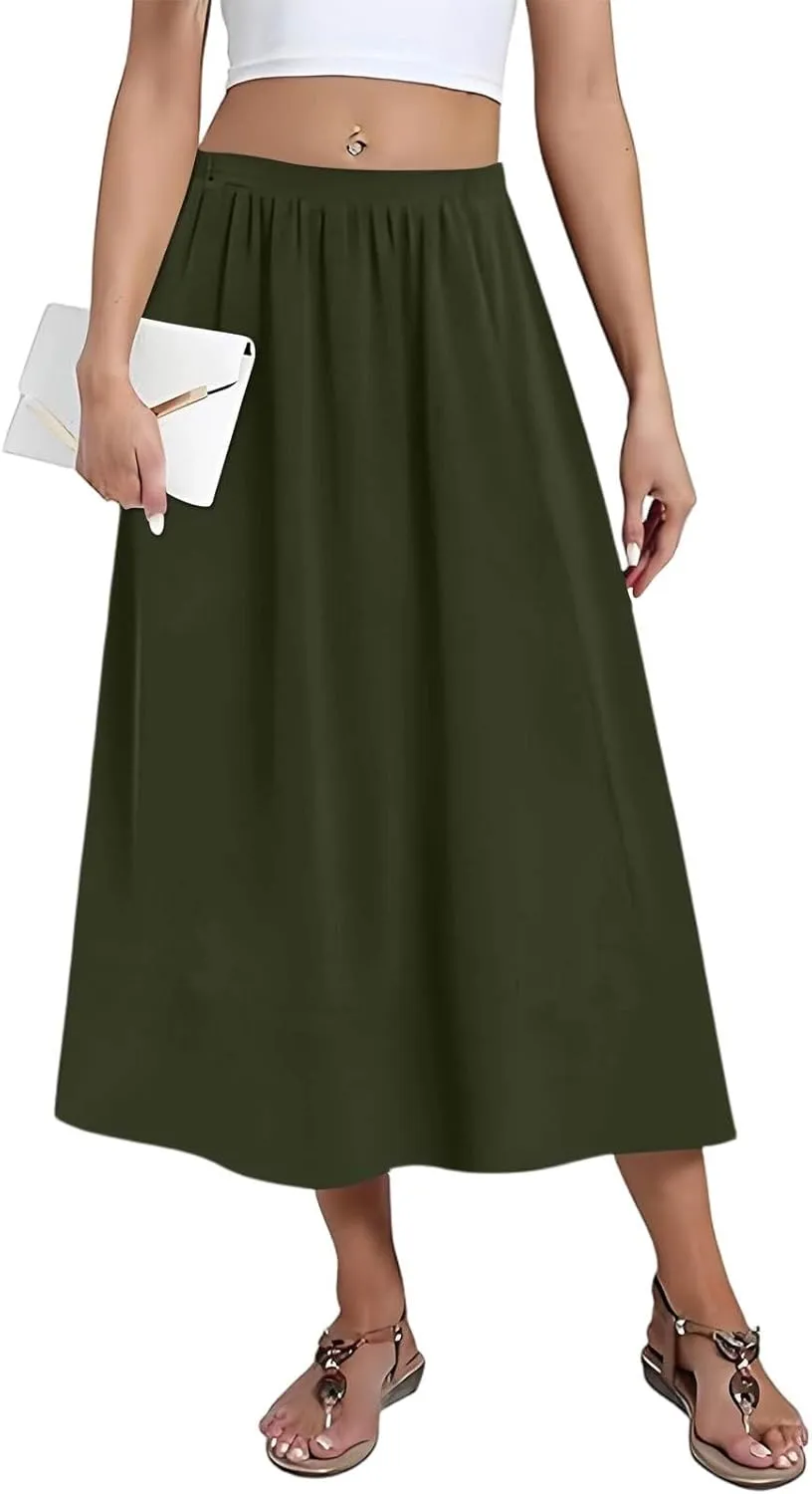 Women's Midi Boho Floral Skirts Trendy High Elastic Waist A Line Skirt Comfy Flowy Skorts with Pockets