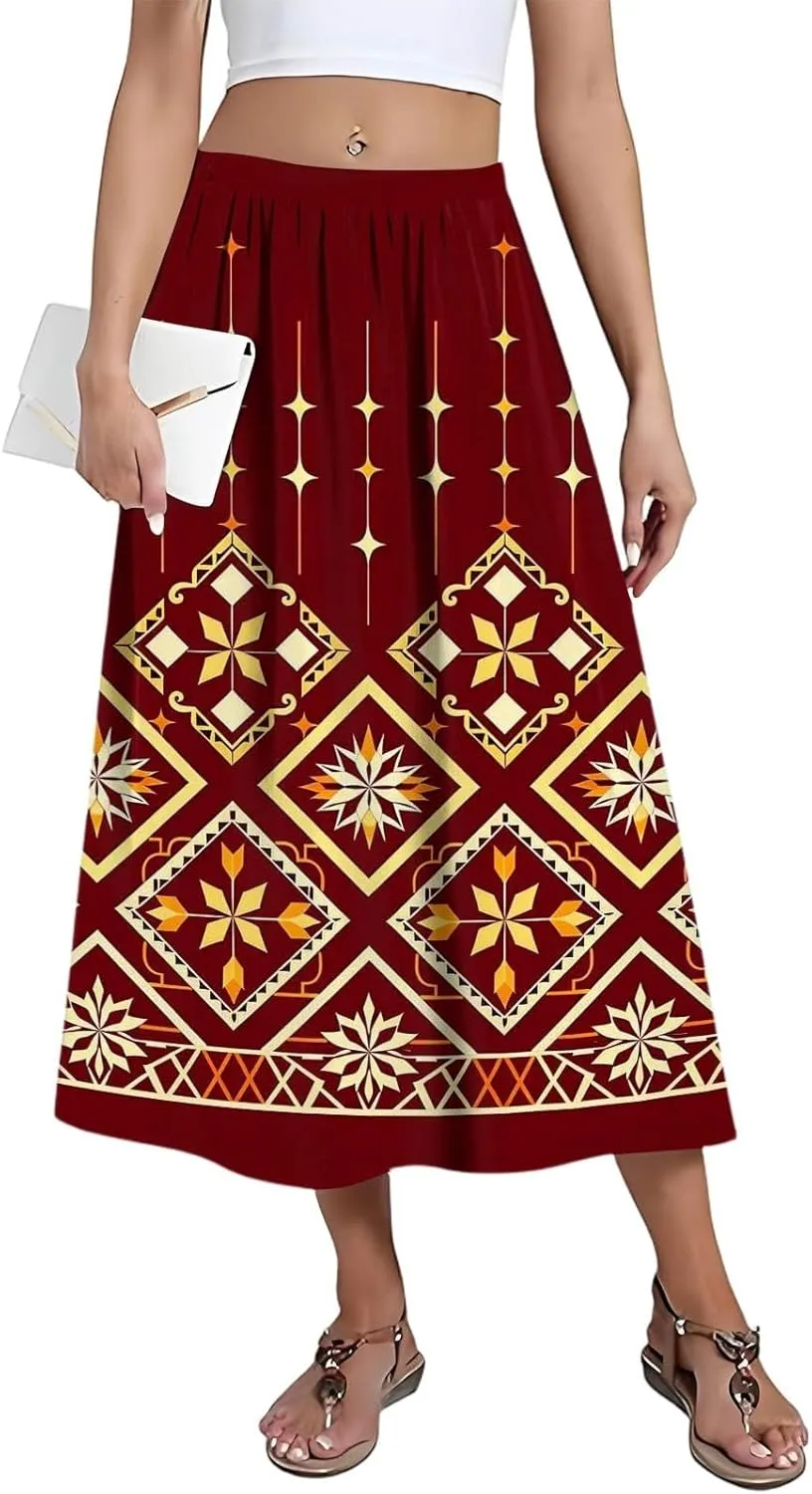 Women's Midi Boho Floral Skirts Trendy High Elastic Waist Comfy Flowy A Line Skirt Skorts with Pockets
