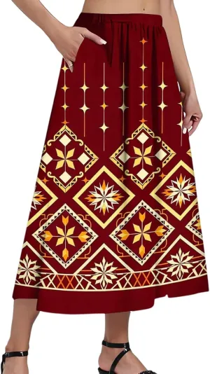 Women's Midi Boho Floral Skirts Trendy High Elastic Waist Comfy Flowy A Line Skirt Skorts with Pockets