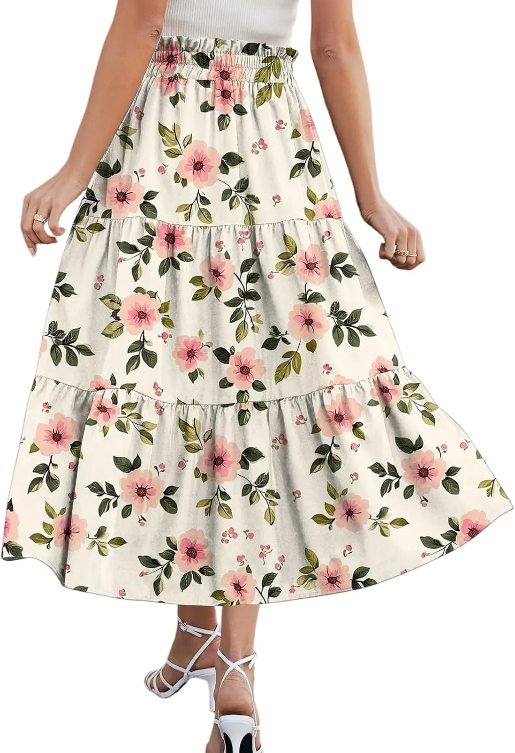 Women's Midi Boho Floral Tiered Skirts Trendy Drawstring High Elastic Waist A Line Skirt Comfy Flowy Skorts with Pockets