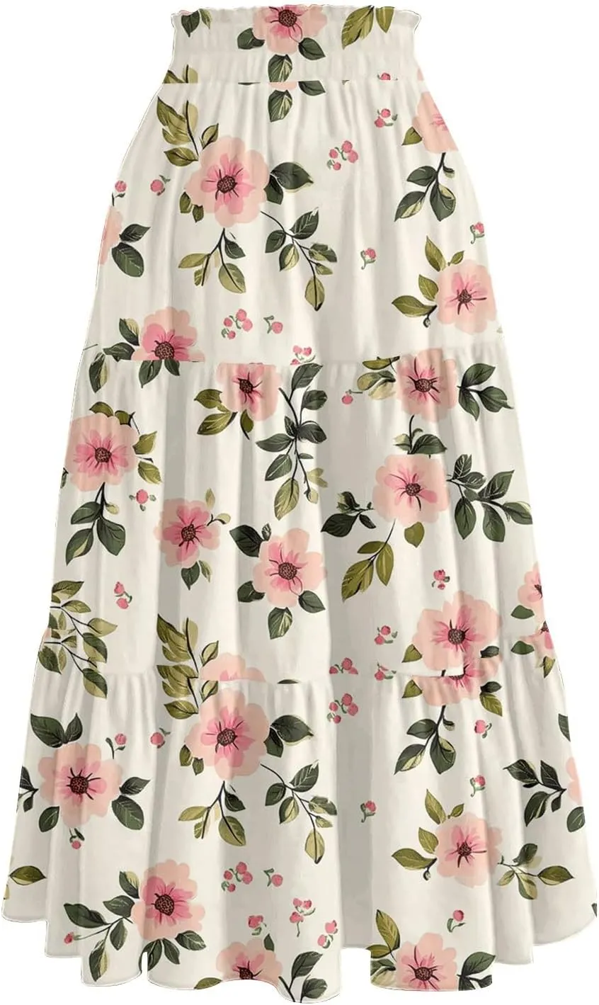 Women's Midi Boho Floral Tiered Skirts Trendy Drawstring High Elastic Waist A Line Skirt Comfy Flowy Skorts with Pockets
