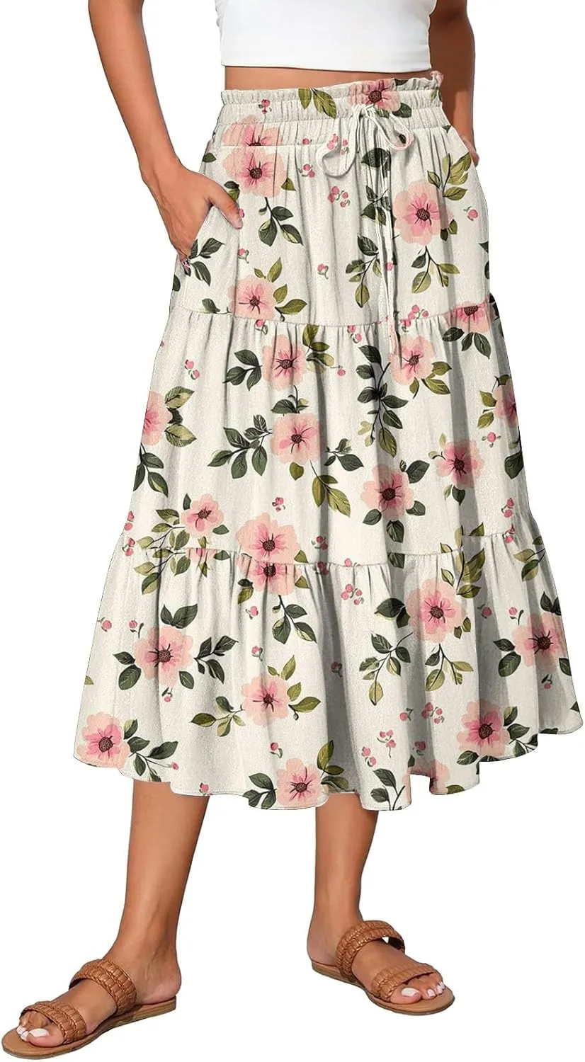 Women's Midi Boho Floral Tiered Skirts Trendy Drawstring High Elastic Waist A Line Skirt Comfy Flowy Skorts with Pockets