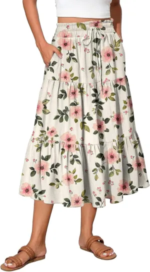 Women's Midi Boho Floral Tiered Skirts Trendy Drawstring High Elastic Waist A Line Skirt Comfy Flowy Skorts with Pockets