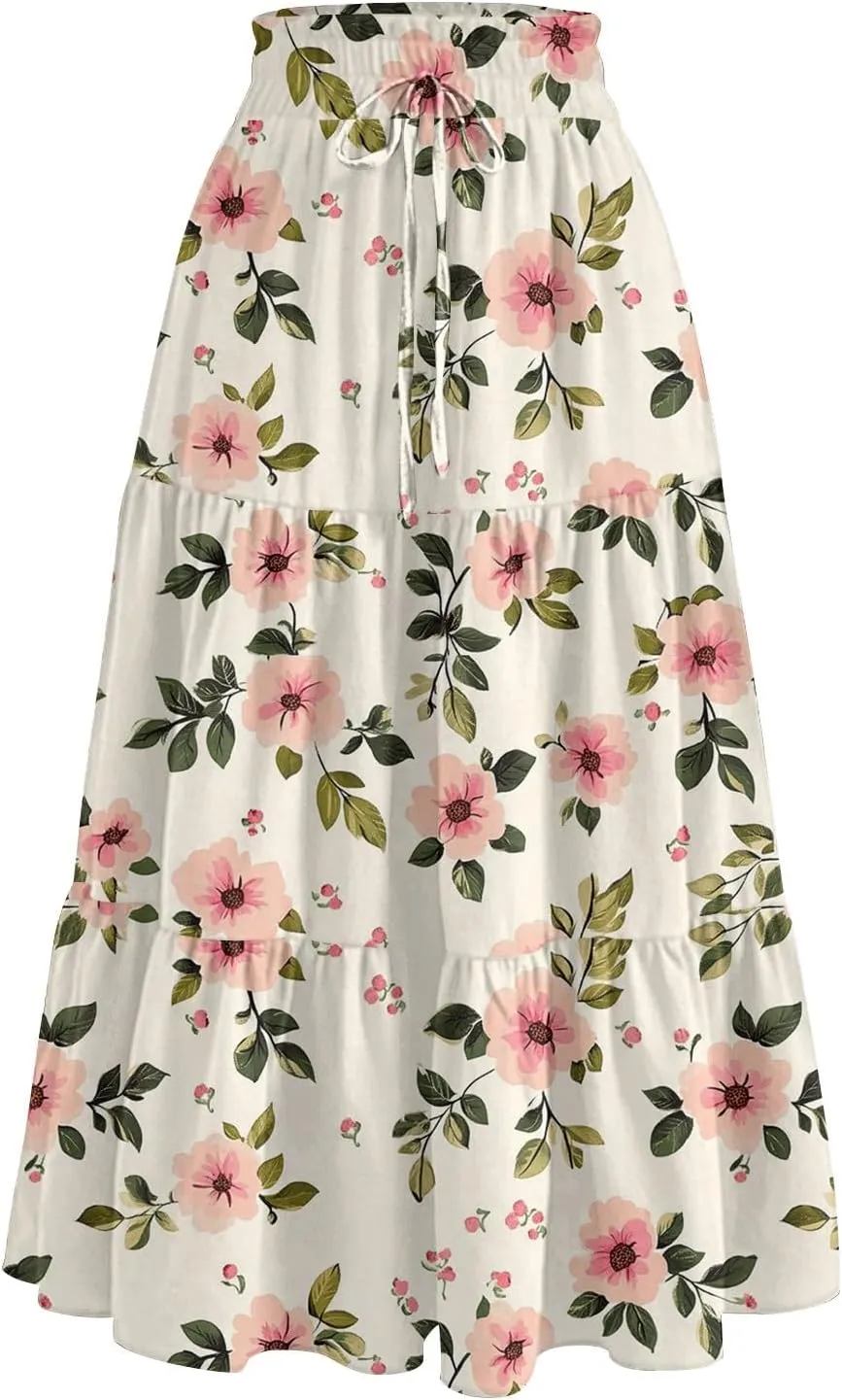 Women's Midi Boho Floral Tiered Skirts Trendy Drawstring High Elastic Waist A Line Skirt Comfy Flowy Skorts with Pockets