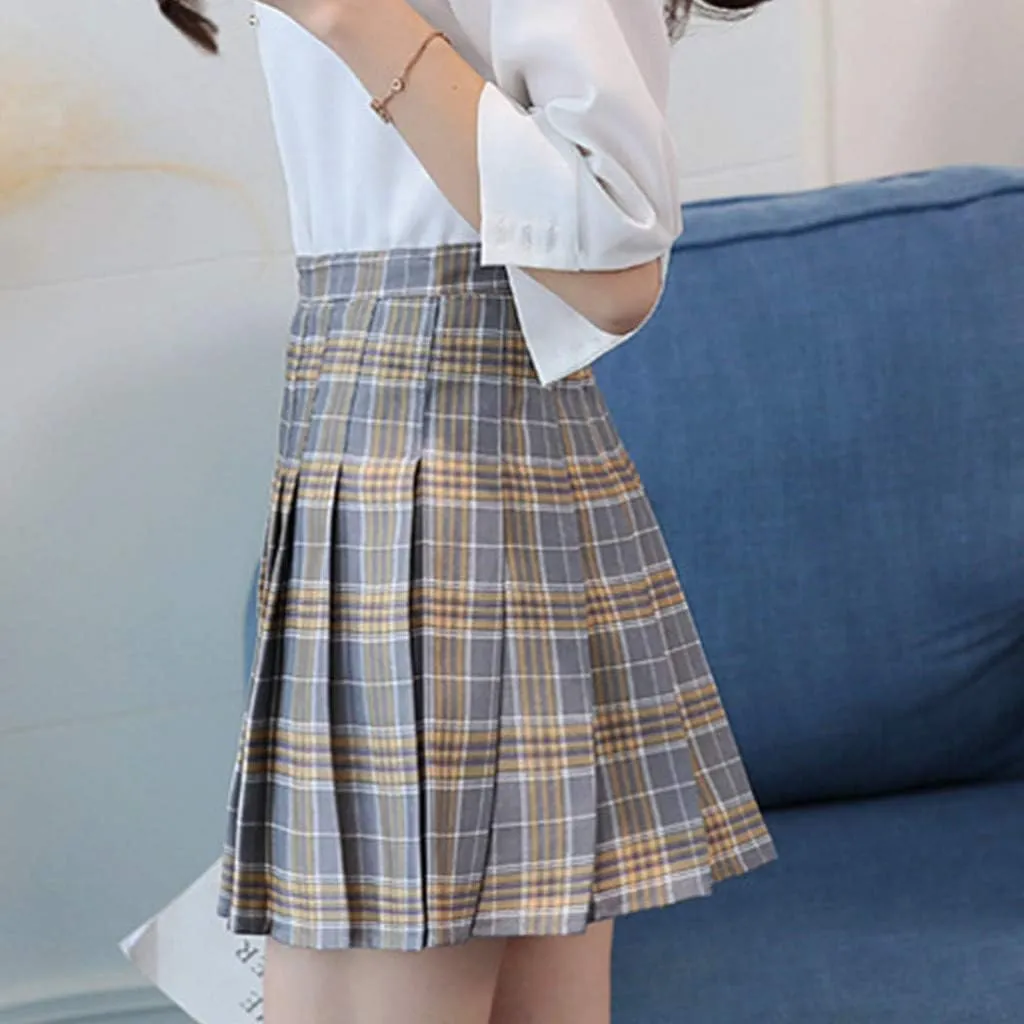 Womens Mini Skirts Summer Fashion High Waist Pleated Mini Skirt Slim Waist Casual Tennis Skirt Plaid Print Skirt