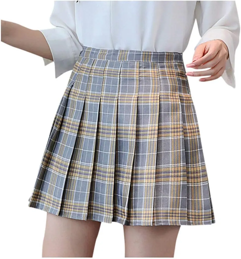 Womens Mini Skirts Summer Fashion High Waist Pleated Mini Skirt Slim Waist Casual Tennis Skirt Plaid Print Skirt