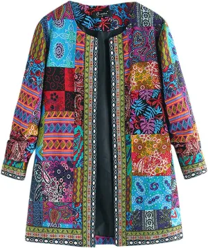 Womens Patchwork Jacket - Vintage Ethnic Style Printed Cardigan Jacket with Floral Quilted Design