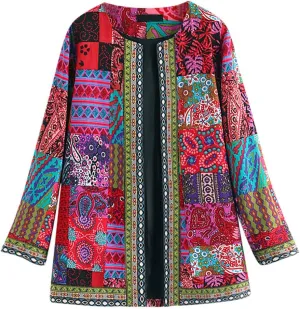 Womens Patchwork Jacket - Vintage Ethnic Style Printed Cardigan Jacket with Floral Quilted Design