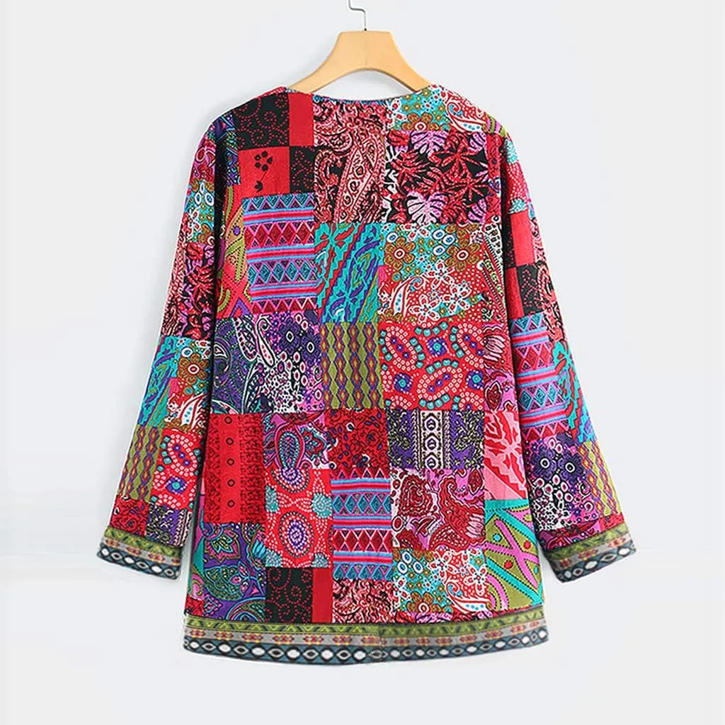 Womens Patchwork Jacket - Vintage Ethnic Style Printed Cardigan Jacket with Floral Quilted Design