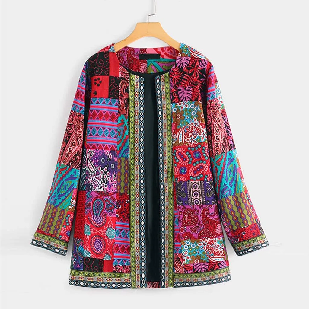 Womens Patchwork Jacket - Vintage Ethnic Style Printed Cardigan Jacket with Floral Quilted Design