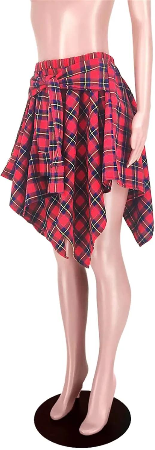 Women's Plaid Skirts High Waisted Knot Front Asymmetrical Hem Mini Skater Skirt