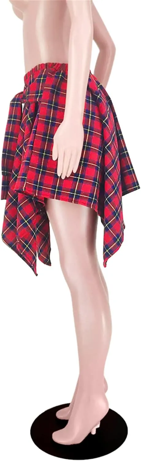 Women's Plaid Skirts High Waisted Knot Front Asymmetrical Hem Mini Skater Skirt