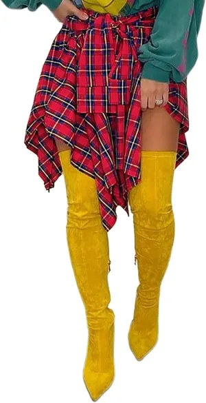 Women's Plaid Skirts High Waisted Knot Front Asymmetrical Hem Mini Skater Skirt
