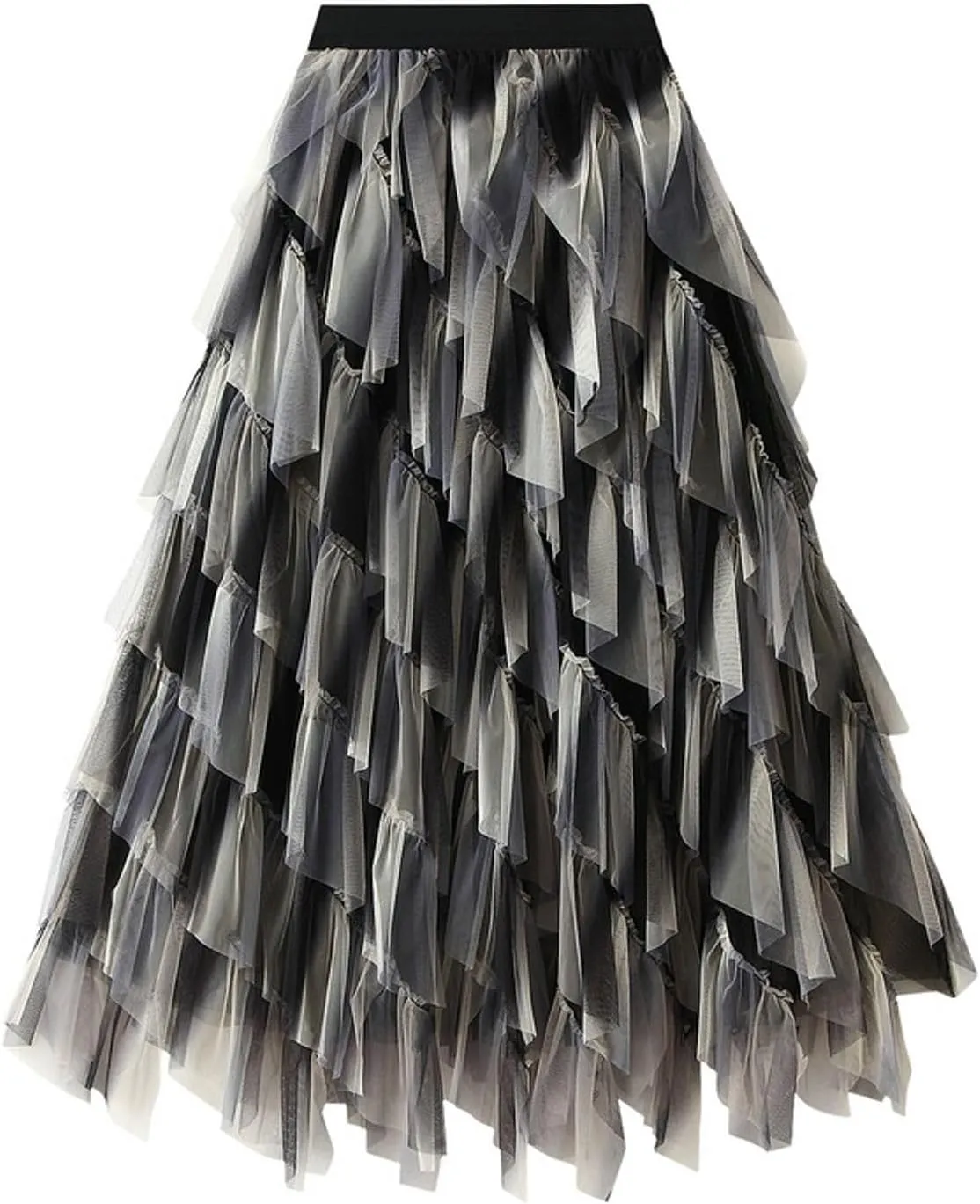 Womens Rainbow Skirts Gradient Ruffle Tulle Skirt Asymmetrical A-line Midi Skirts Wedding Party Skirt 2025 Fashion