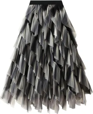Womens Rainbow Skirts Gradient Ruffle Tulle Skirt Asymmetrical A-line Midi Skirts Wedding Party Skirt 2025 Fashion