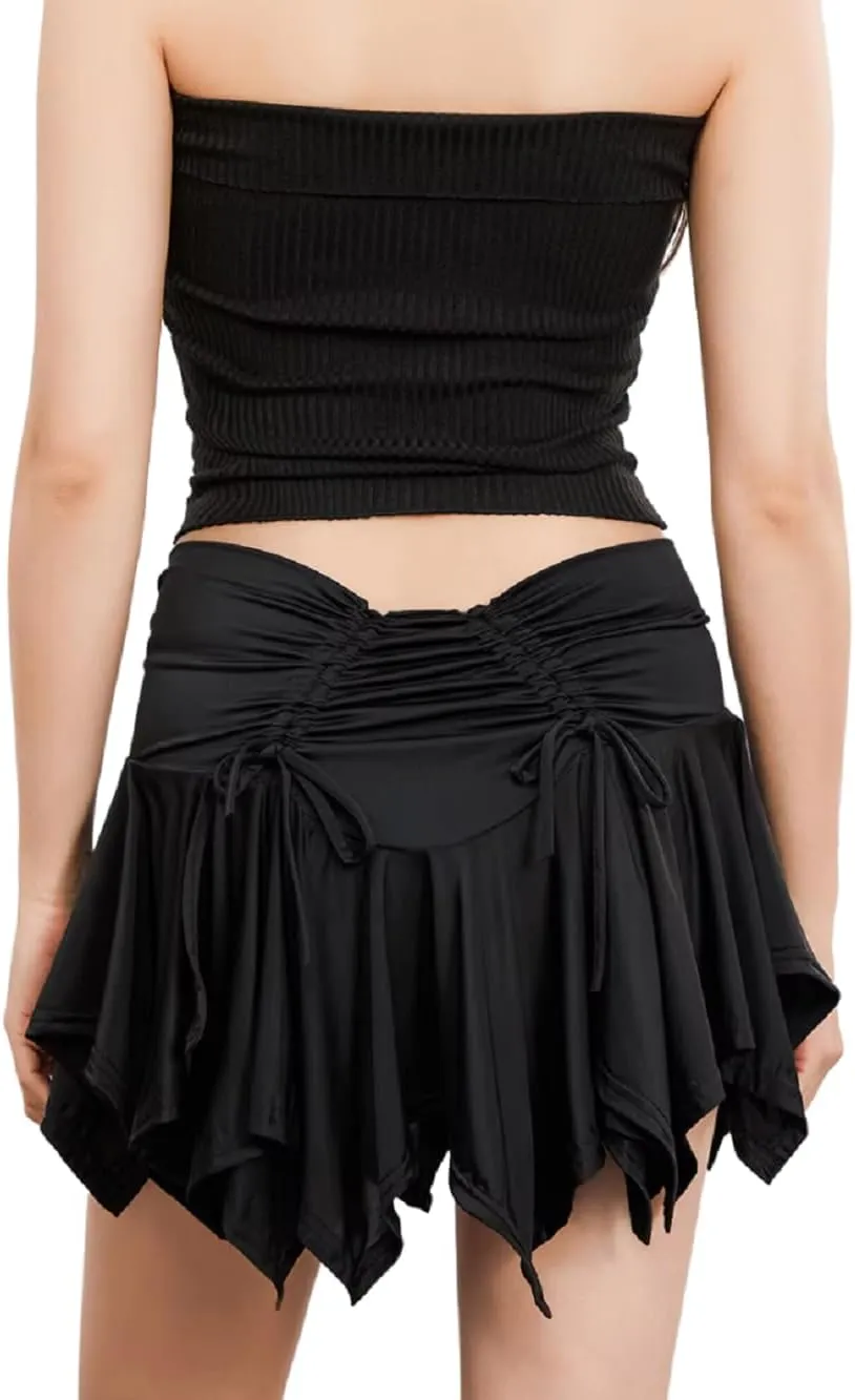 Women's Ruffle Lace Asymmetrical Pleated Mini Skirt Y2K Ruched Low Rise A-Line Flowy Short Skirt for Party Streetwear