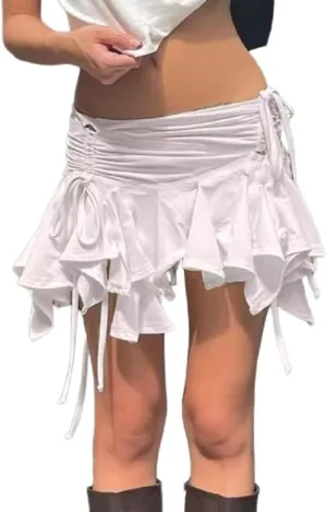 Women's Ruffle Lace Asymmetrical Pleated Mini Skirt Y2K Ruched Low Rise A-Line Flowy Short Skirt for Party Streetwear