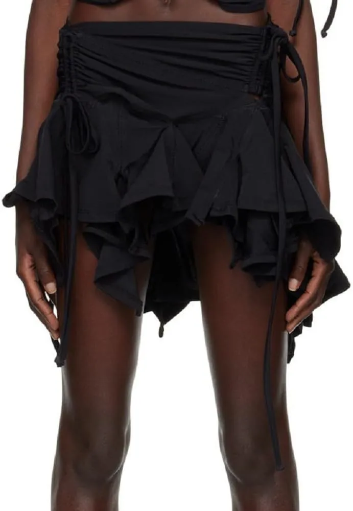 Women's Ruffle Lace Asymmetrical Pleated Mini Skirt Y2K Ruched Low Rise A-Line Flowy Short Skirt for Party Streetwear