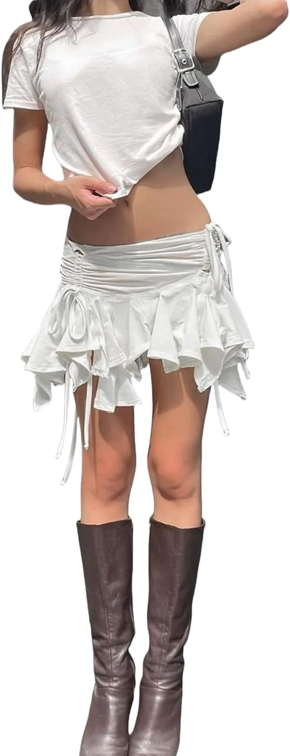 Women's Ruffle Lace Asymmetrical Pleated Mini Skirt Y2K Ruched Low Rise A-Line Flowy Short Skirt for Party Streetwear
