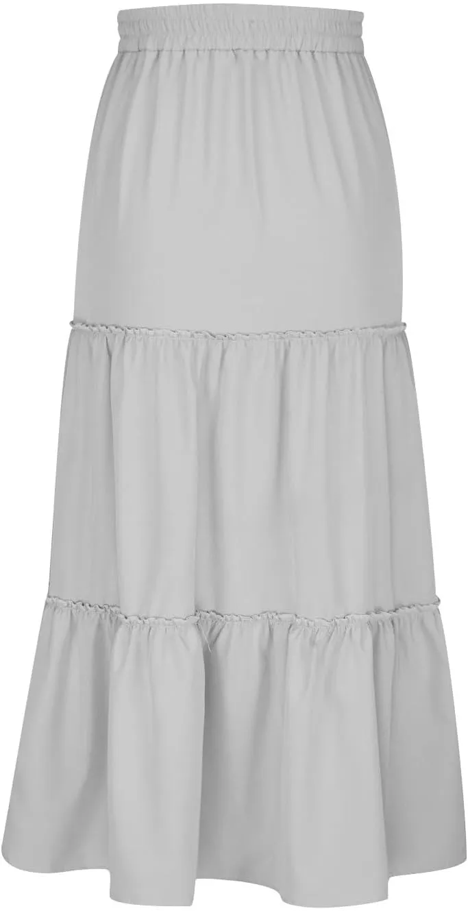 Womens Ruffle Skirts A Line Pleated Skirts Flowy Maxi Skirts Drawstring Elastic Waist Skirts Long Summer Beach Skirts