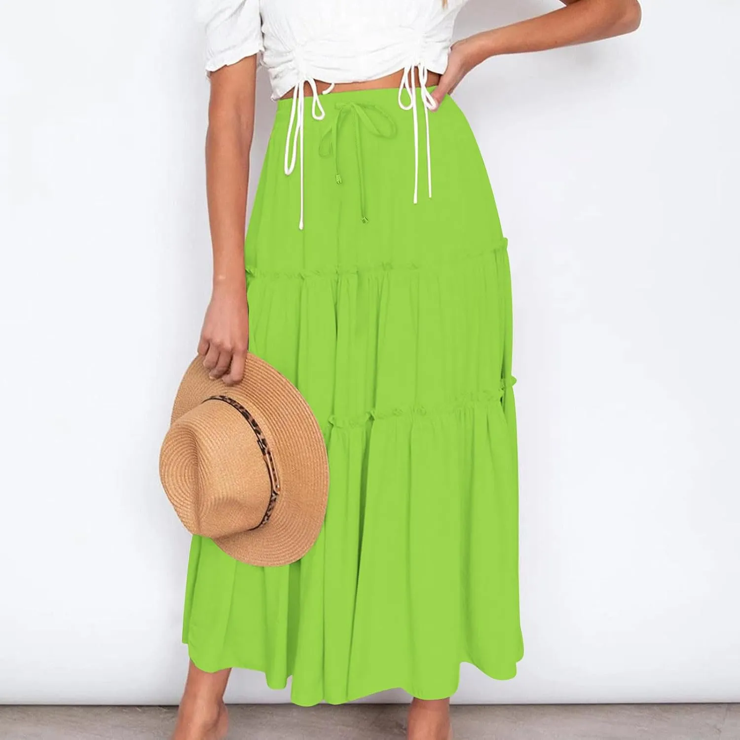 Womens Ruffle Skirts A Line Pleated Skirts Flowy Maxi Skirts Drawstring Elastic Waist Skirts Long Summer Beach Skirts