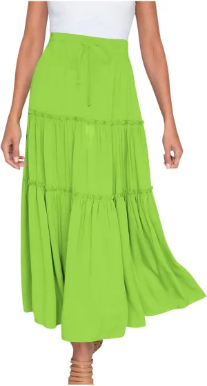 Womens Ruffle Skirts A Line Pleated Skirts Flowy Maxi Skirts Drawstring Elastic Waist Skirts Long Summer Beach Skirts