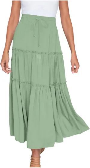 Womens Ruffle Skirts A Line Pleated Skirts Flowy Maxi Skirts Drawstring Elastic Waist Skirts Long Summer Beach Skirts