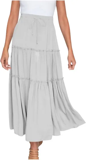 Womens Ruffle Skirts A Line Pleated Skirts Flowy Maxi Skirts Drawstring Elastic Waist Skirts Long Summer Beach Skirts