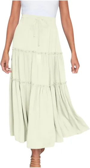 Womens Ruffle Skirts A Line Pleated Skirts Flowy Maxi Skirts Drawstring Elastic Waist Skirts Long Summer Beach Skirts
