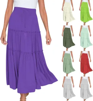 Womens Ruffle Skirts A Line Pleated Skirts Flowy Maxi Skirts Drawstring Elastic Waist Skirts Long Summer Beach Skirts