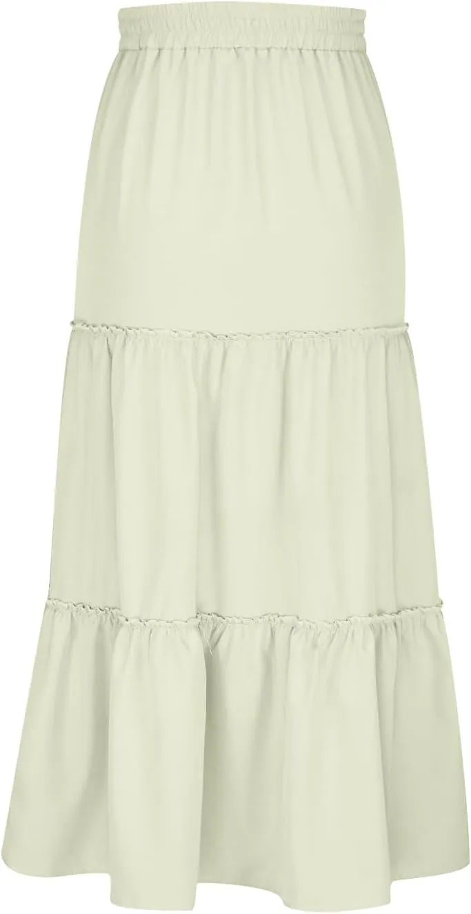 Womens Ruffle Skirts A Line Pleated Skirts Flowy Maxi Skirts Drawstring Elastic Waist Skirts Long Summer Beach Skirts