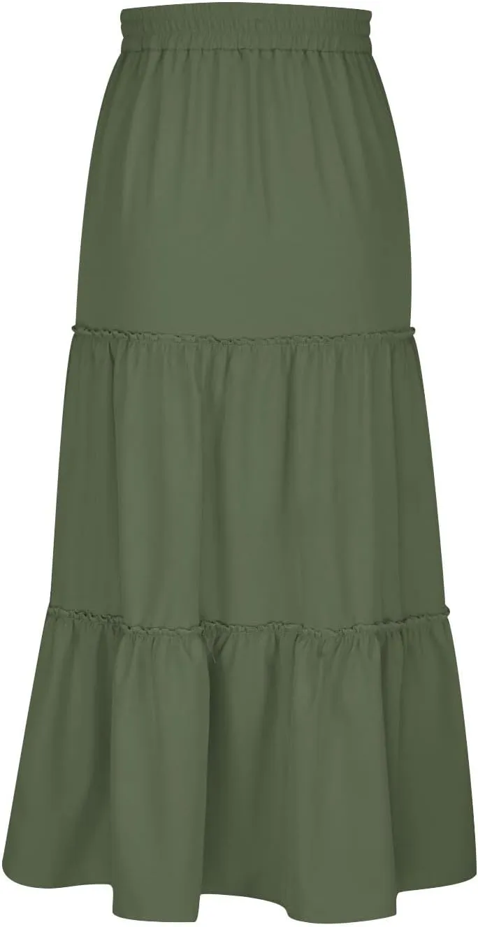 Womens Ruffle Skirts A Line Pleated Skirts Flowy Maxi Skirts Drawstring Elastic Waist Skirts Long Summer Beach Skirts