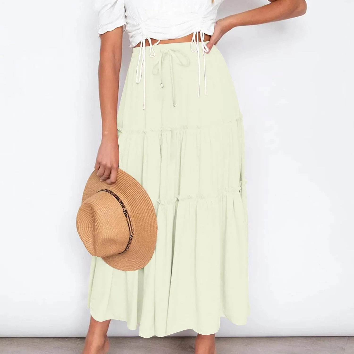 Womens Ruffle Skirts A Line Pleated Skirts Flowy Maxi Skirts Drawstring Elastic Waist Skirts Long Summer Beach Skirts