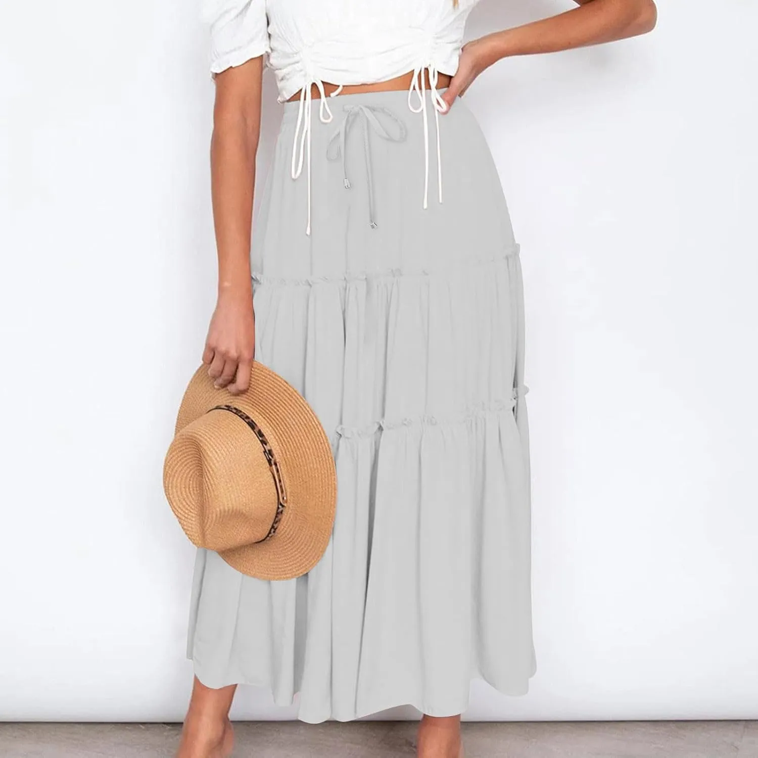 Womens Ruffle Skirts A Line Pleated Skirts Flowy Maxi Skirts Drawstring Elastic Waist Skirts Long Summer Beach Skirts