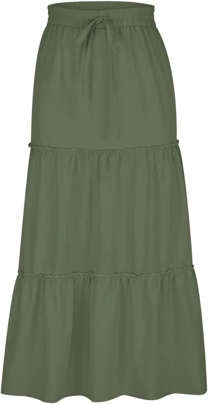 Womens Ruffle Skirts A Line Pleated Skirts Flowy Maxi Skirts Drawstring Elastic Waist Skirts Long Summer Beach Skirts