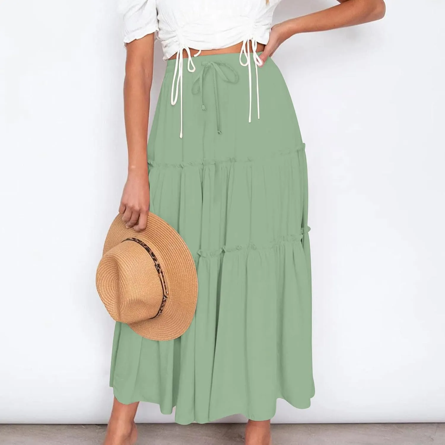 Womens Ruffle Skirts A Line Pleated Skirts Flowy Maxi Skirts Drawstring Elastic Waist Skirts Long Summer Beach Skirts