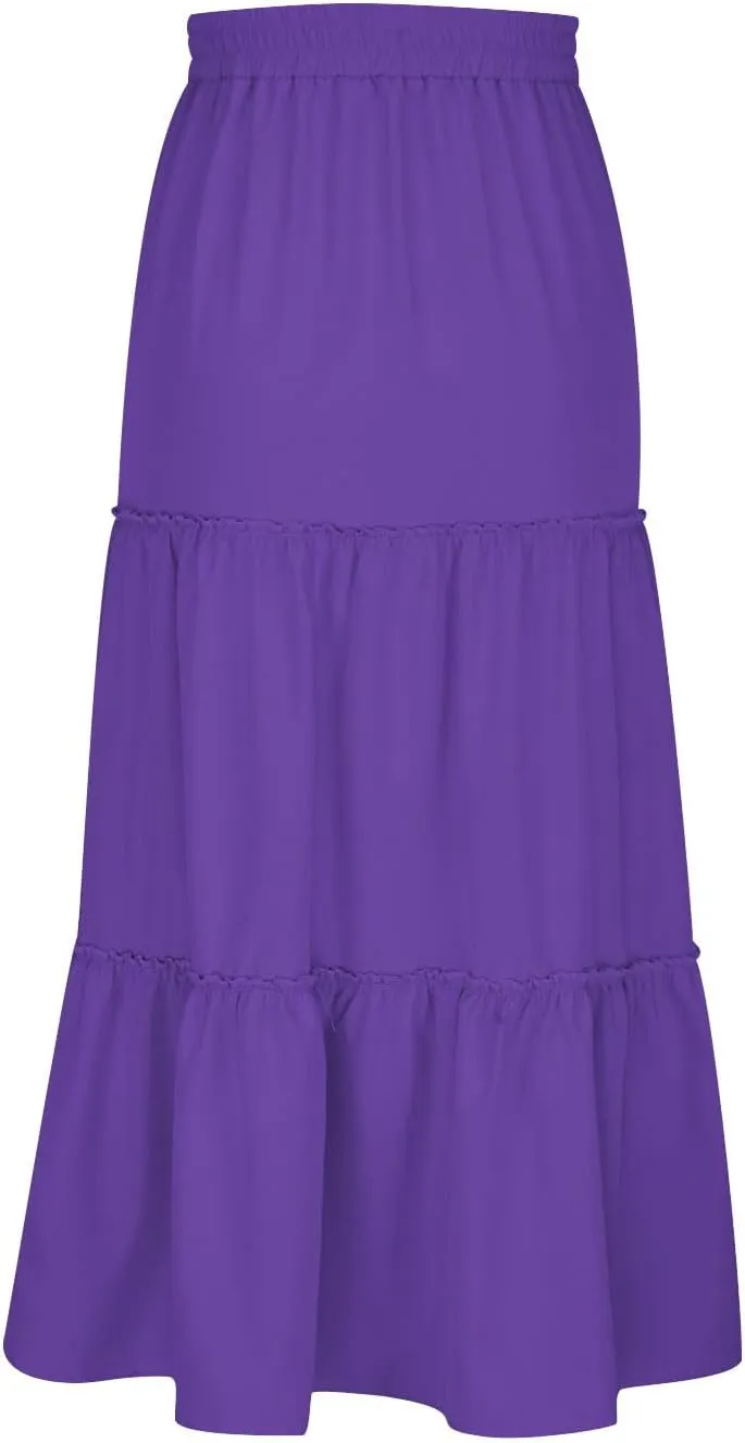 Womens Ruffle Skirts A Line Pleated Skirts Flowy Maxi Skirts Drawstring Elastic Waist Skirts Long Summer Beach Skirts