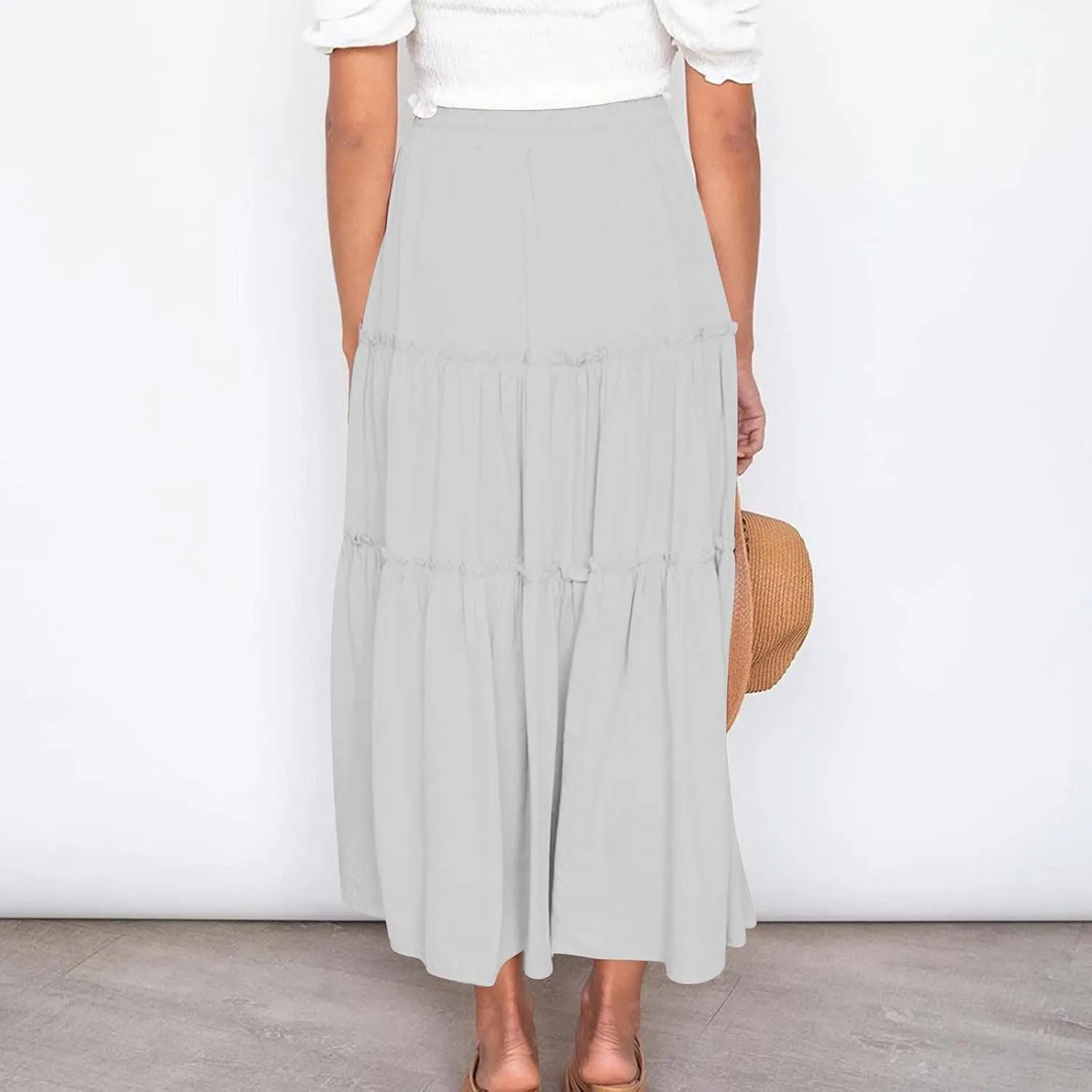 Womens Ruffle Skirts A Line Pleated Skirts Flowy Maxi Skirts Drawstring Elastic Waist Skirts Long Summer Beach Skirts