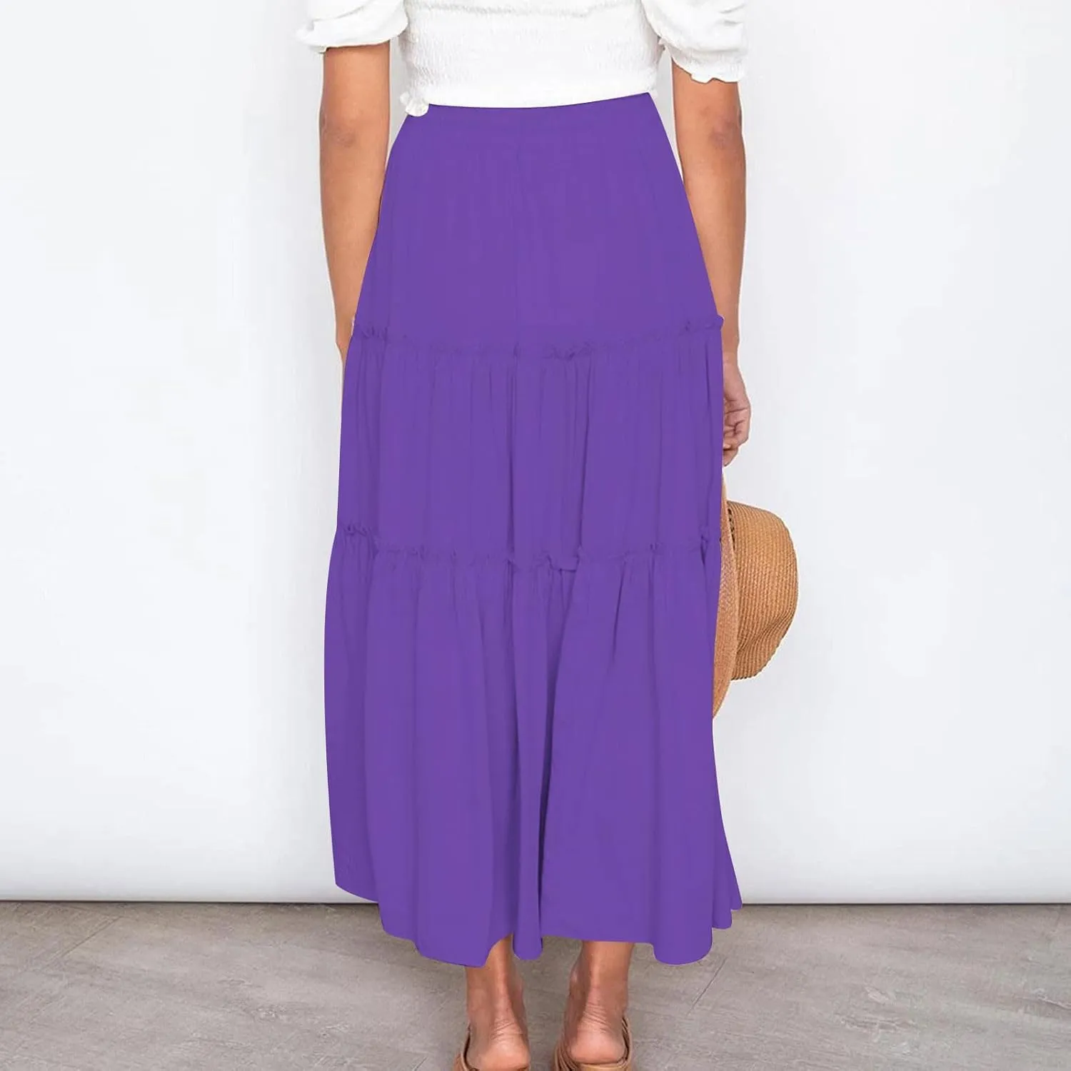 Womens Ruffle Skirts A Line Pleated Skirts Flowy Maxi Skirts Drawstring Elastic Waist Skirts Long Summer Beach Skirts