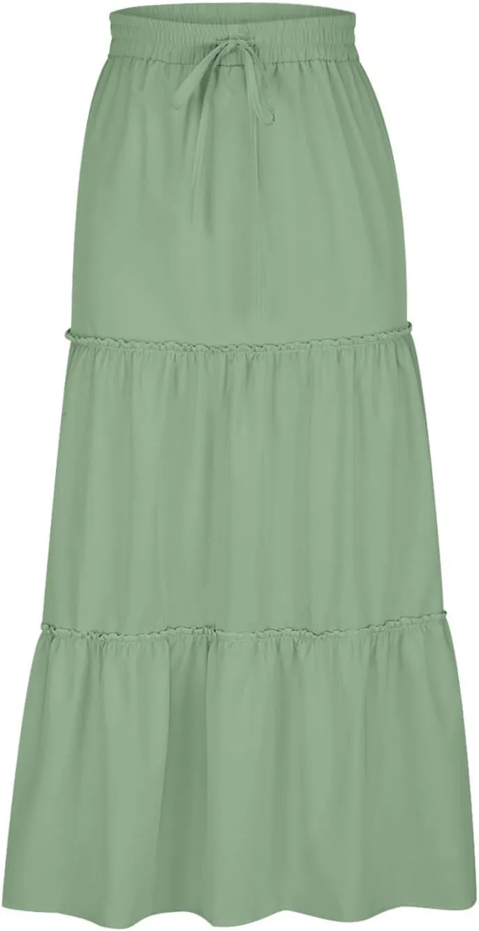 Womens Ruffle Skirts A Line Pleated Skirts Flowy Maxi Skirts Drawstring Elastic Waist Skirts Long Summer Beach Skirts
