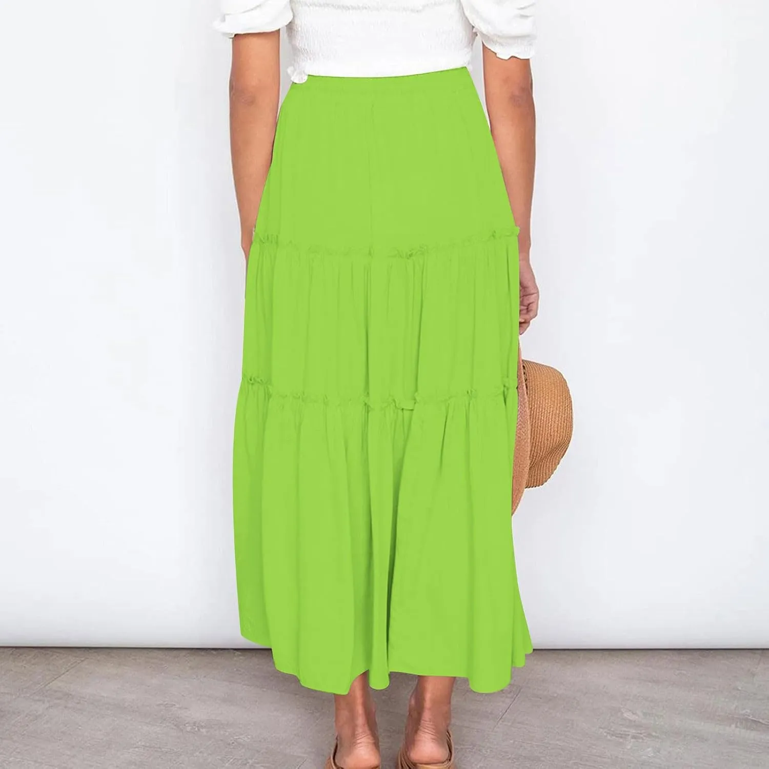Womens Ruffle Skirts A Line Pleated Skirts Flowy Maxi Skirts Drawstring Elastic Waist Skirts Long Summer Beach Skirts