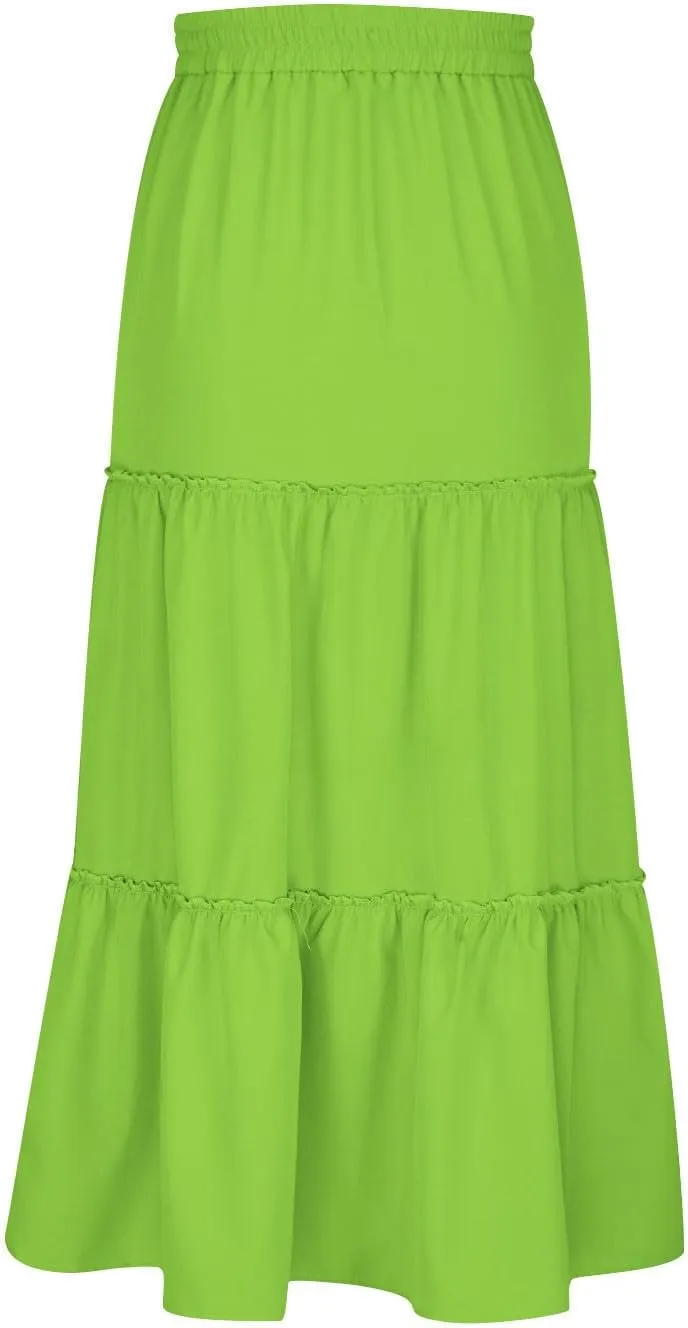 Womens Ruffle Skirts A Line Pleated Skirts Flowy Maxi Skirts Drawstring Elastic Waist Skirts Long Summer Beach Skirts