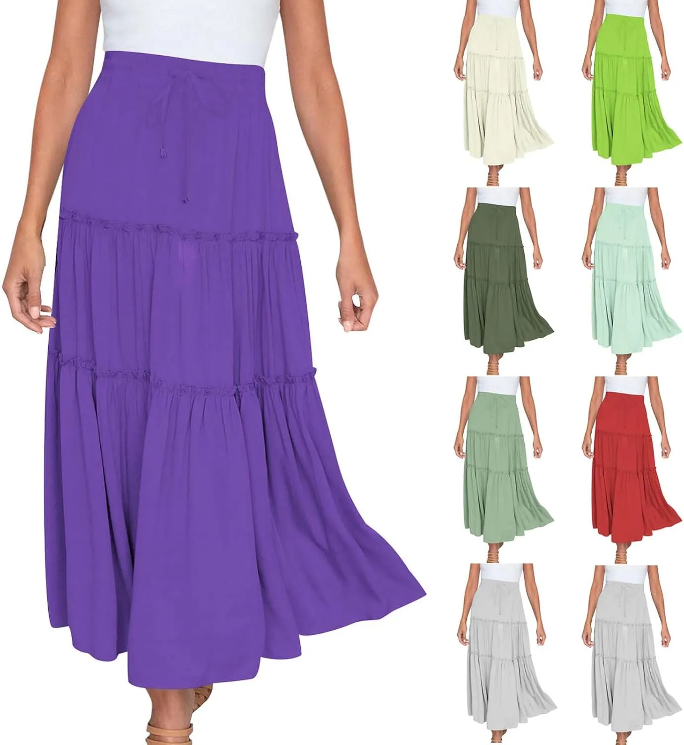 Womens Ruffle Skirts A Line Pleated Skirts Flowy Maxi Skirts Drawstring Elastic Waist Skirts Long Summer Beach Skirts