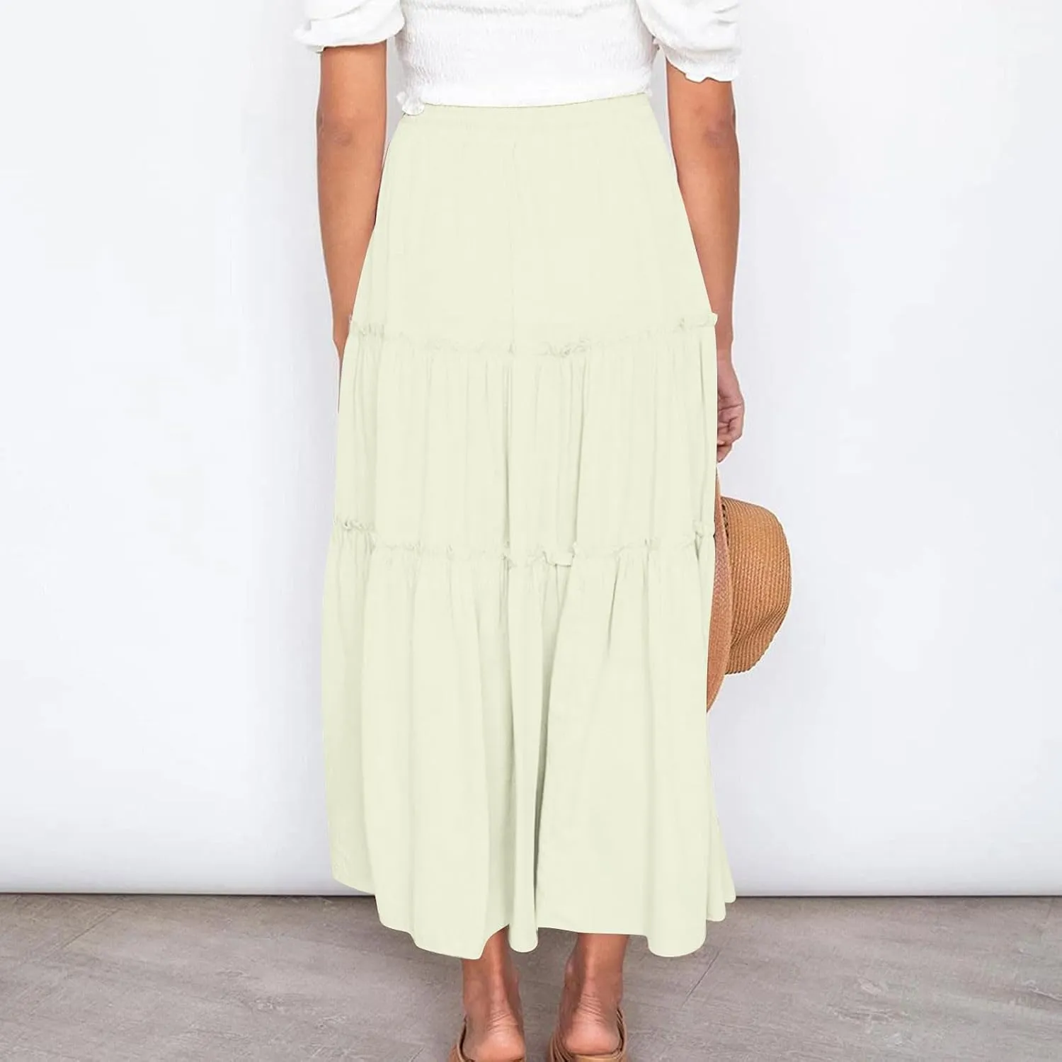 Womens Ruffle Skirts A Line Pleated Skirts Flowy Maxi Skirts Drawstring Elastic Waist Skirts Long Summer Beach Skirts