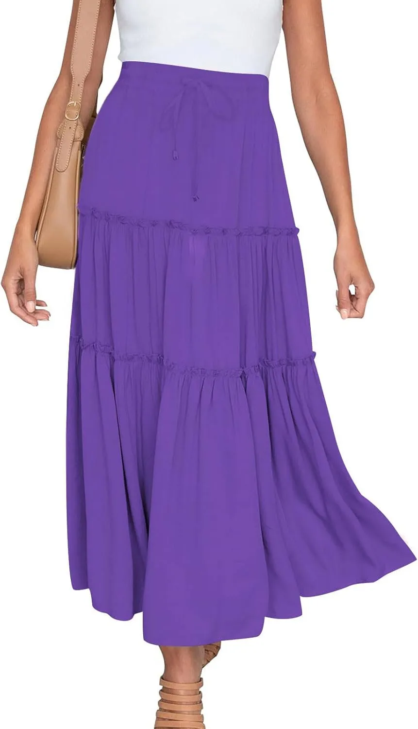 Womens Ruffle Skirts A Line Pleated Skirts Flowy Maxi Skirts Drawstring Elastic Waist Skirts Long Summer Beach Skirts